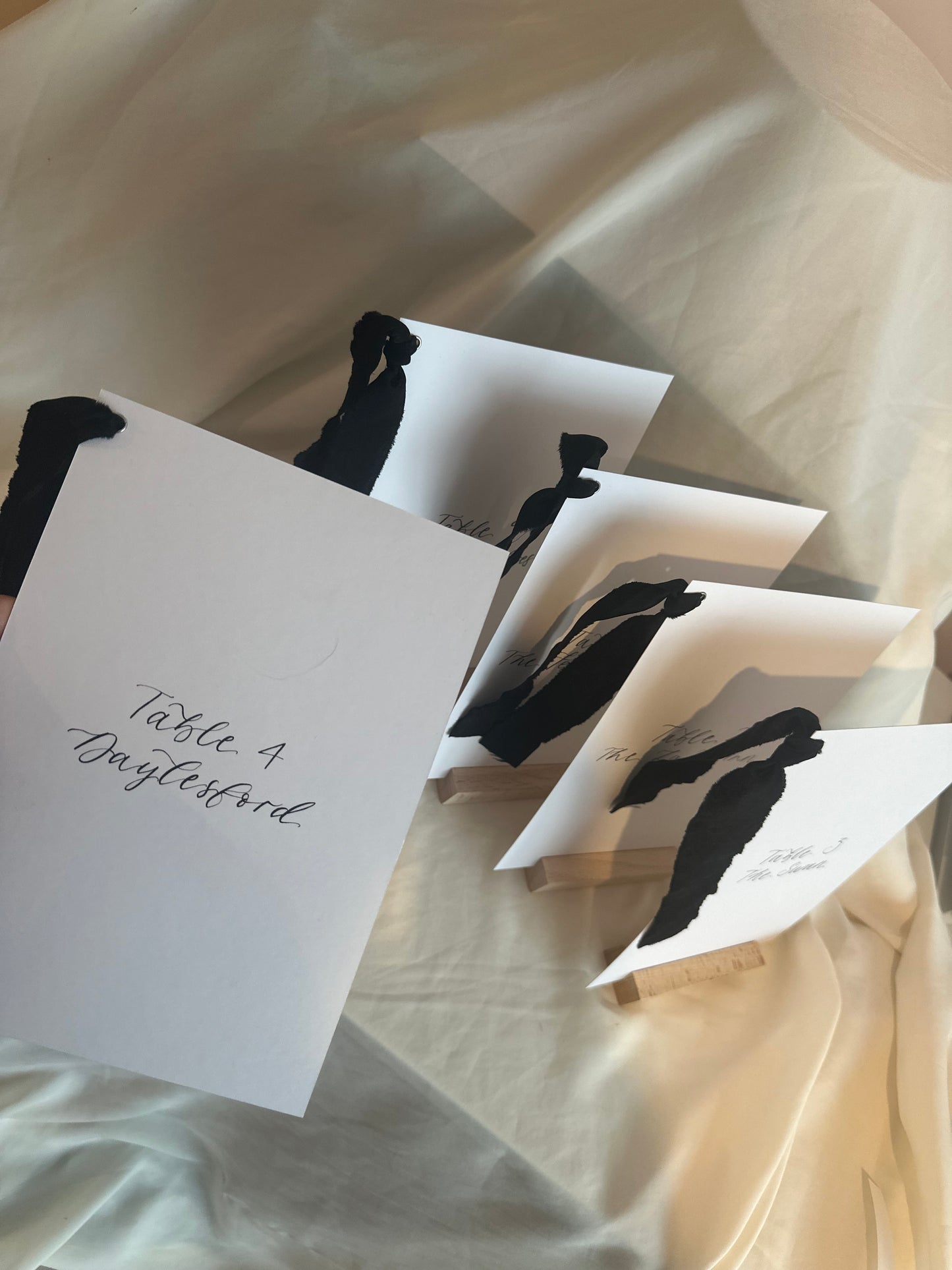BLACK Table Number Sign with Chiffon Ribbon | Calligraphy Wedding Table Number or Name Card Monochrome Black Tie Wedding