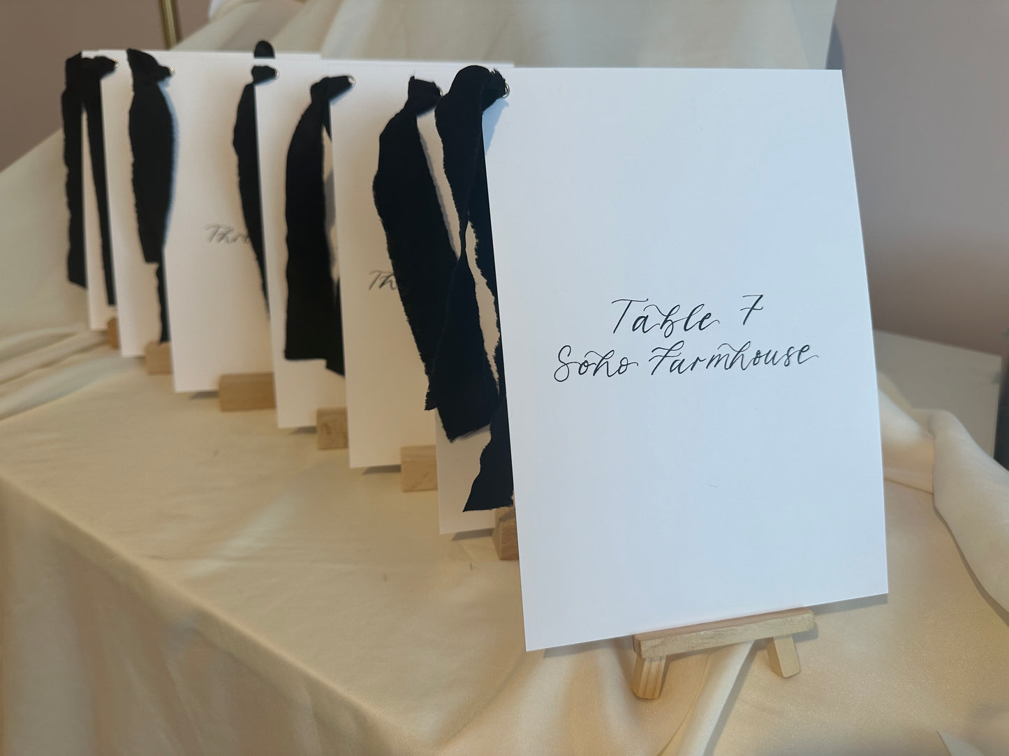 BLACK Table Number Sign with Chiffon Ribbon | Calligraphy Wedding Table Number or Name Card Monochrome Black Tie Wedding