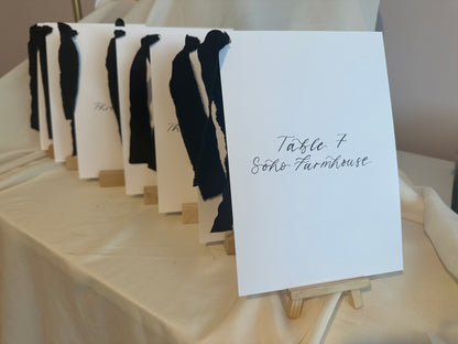BLACK Table Number Sign with Chiffon Ribbon | Calligraphy Wedding Table Number or Name Card Monochrome Black Tie Wedding