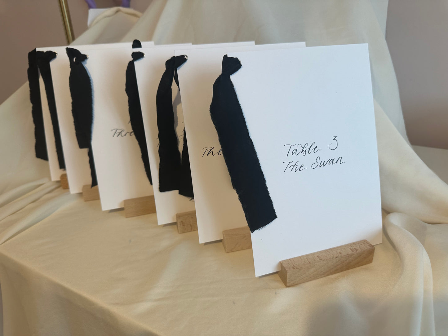 BLACK Table Number Sign with Chiffon Ribbon | Calligraphy Wedding Table Number or Name Card Monochrome Black Tie Wedding