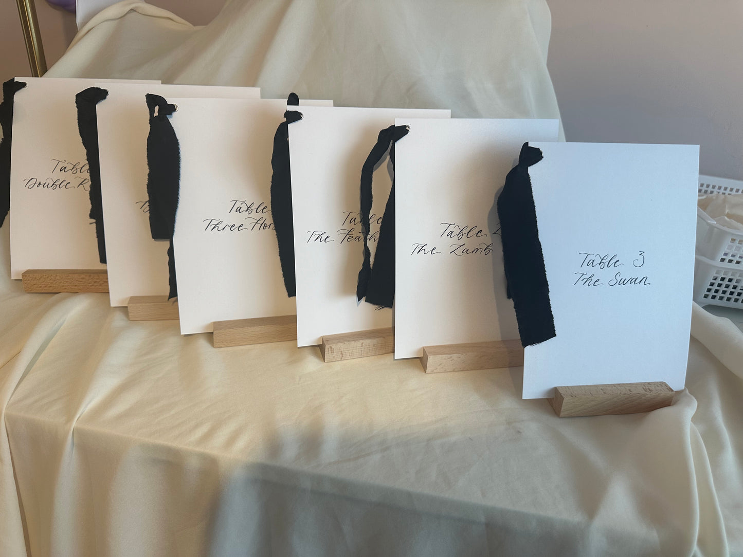 BLACK Table Number Sign with Chiffon Ribbon | Calligraphy Wedding Table Number or Name Card Monochrome Black Tie Wedding