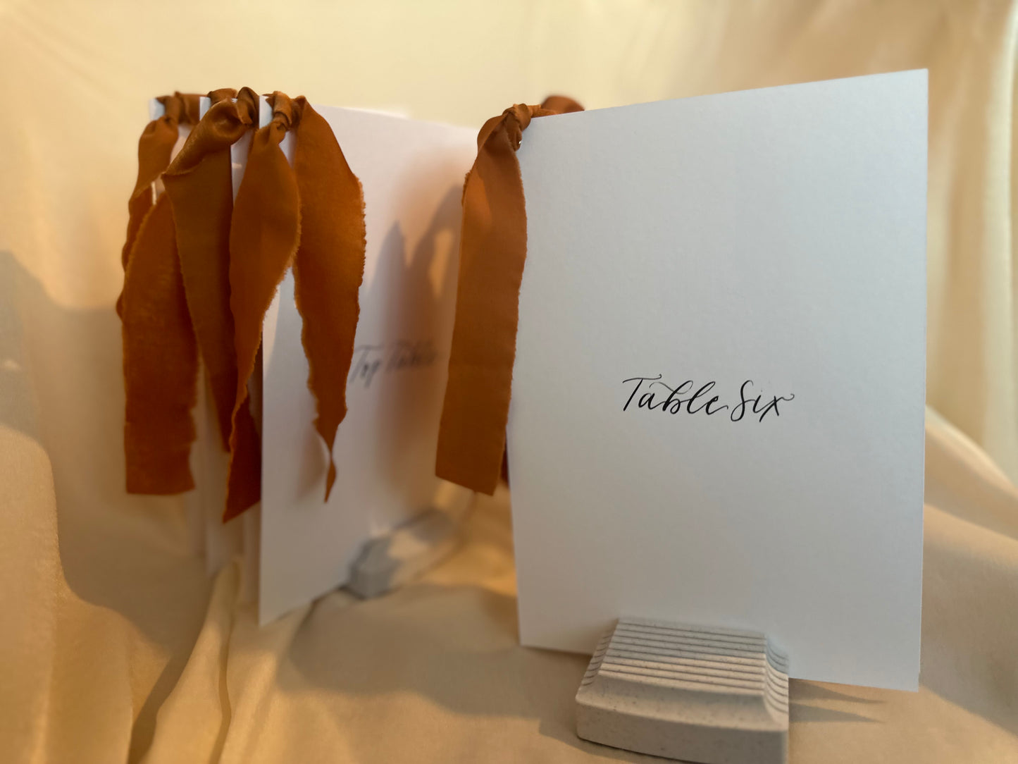 OCHRE Table Number Sign with Chiffon Ribbon | Calligraphy Wedding Table Number or Name Card Burnt Orange Autumn Wedding