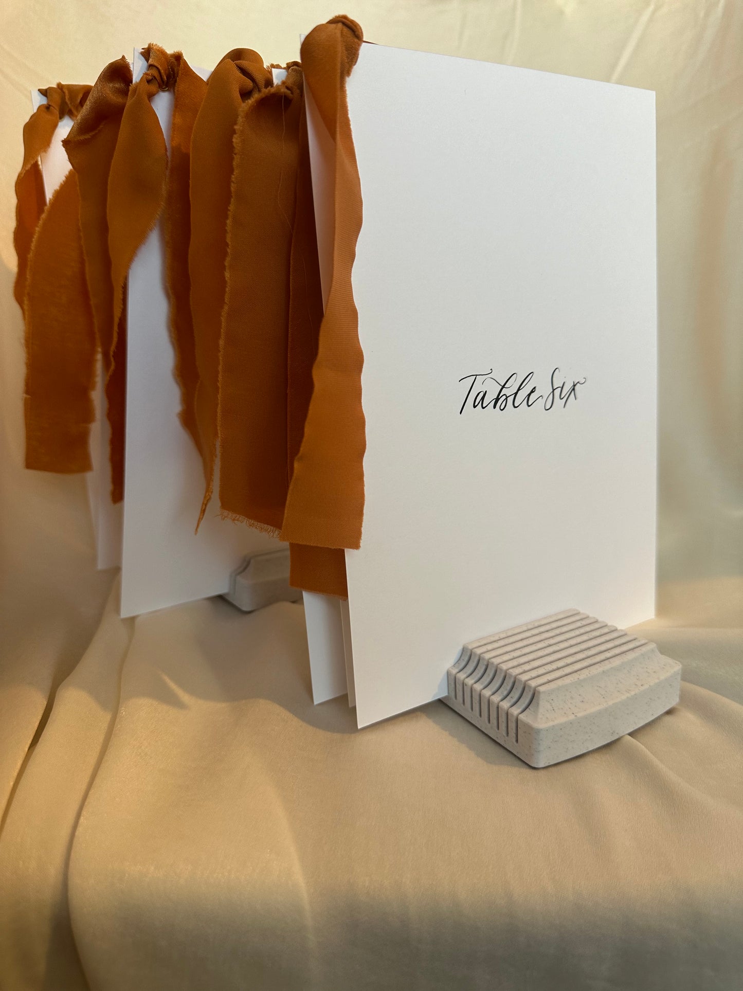 OCHRE Table Number Sign with Chiffon Ribbon | Calligraphy Wedding Table Number or Name Card Burnt Orange Autumn Wedding