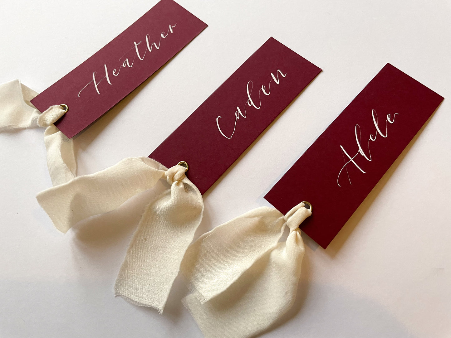 Burgundy Wedding place cards, Table name cards, Wedding name cards, calligraphy place cards, ribbon place cards