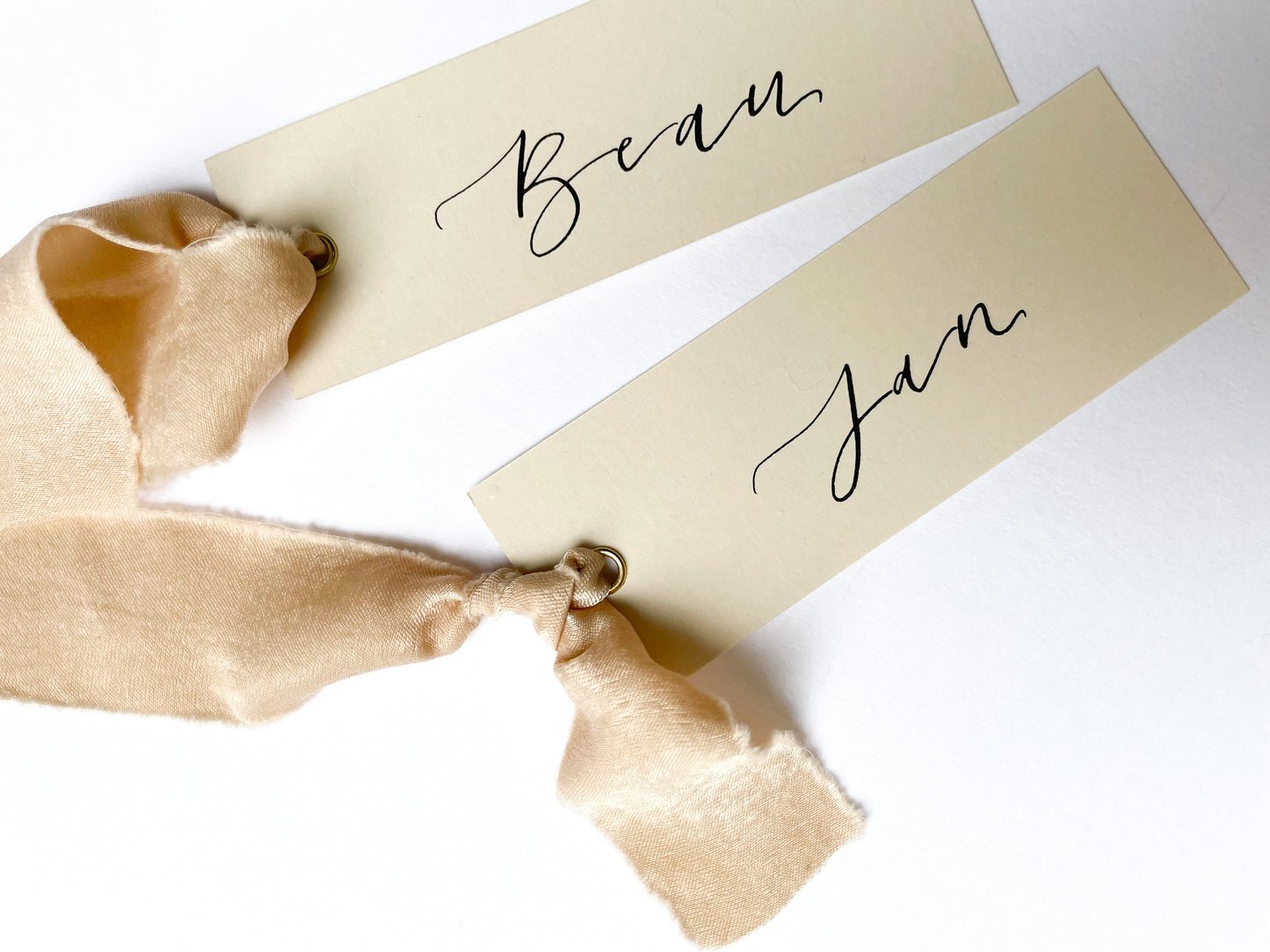 Nude Card with Nude Chiffon | Calligraphy Wedding Place Name Card | Gold or Silver Eyelet