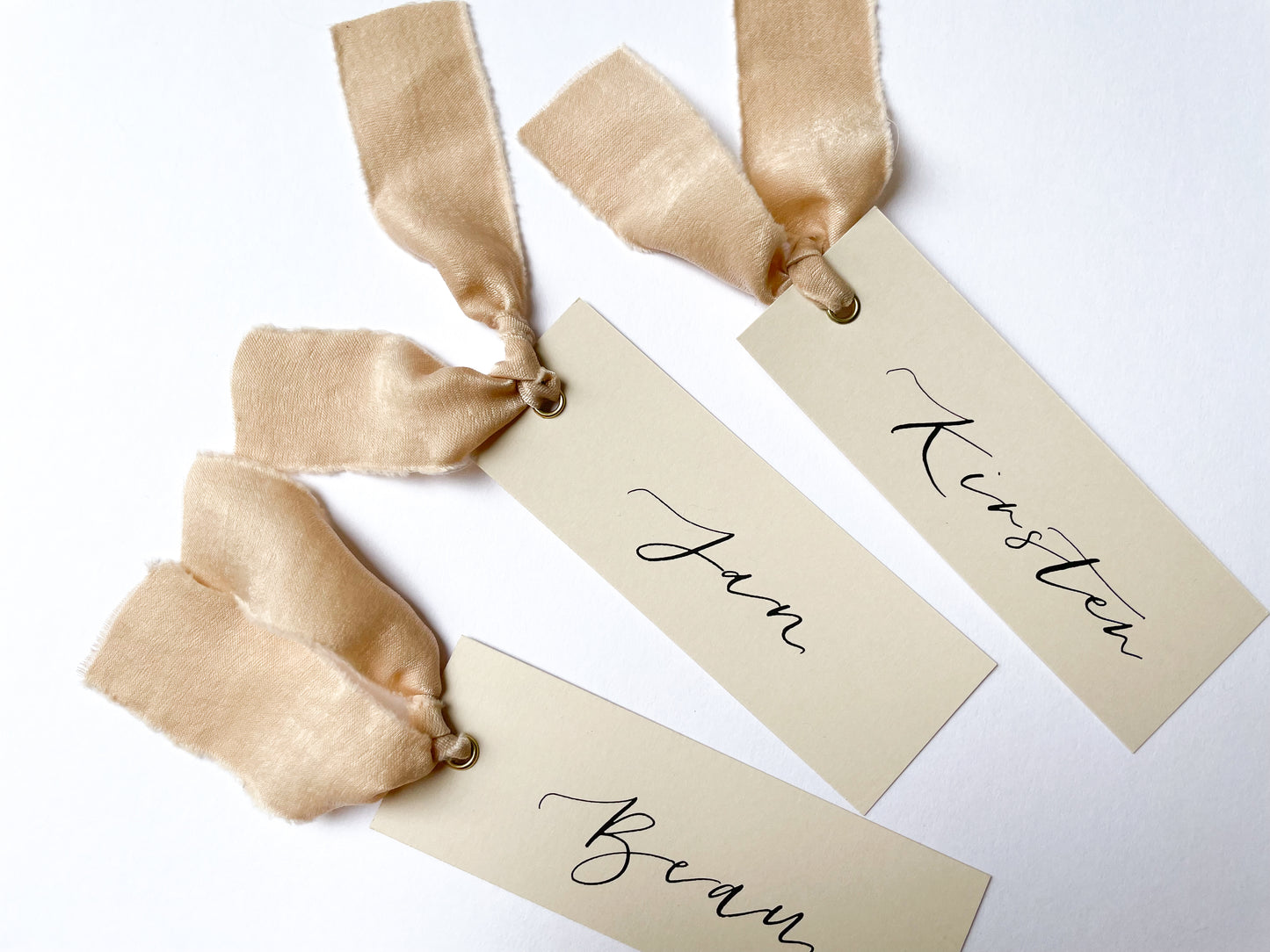 Nude Card with Nude Chiffon | Calligraphy Wedding Place Name Card | Gold or Silver Eyelet