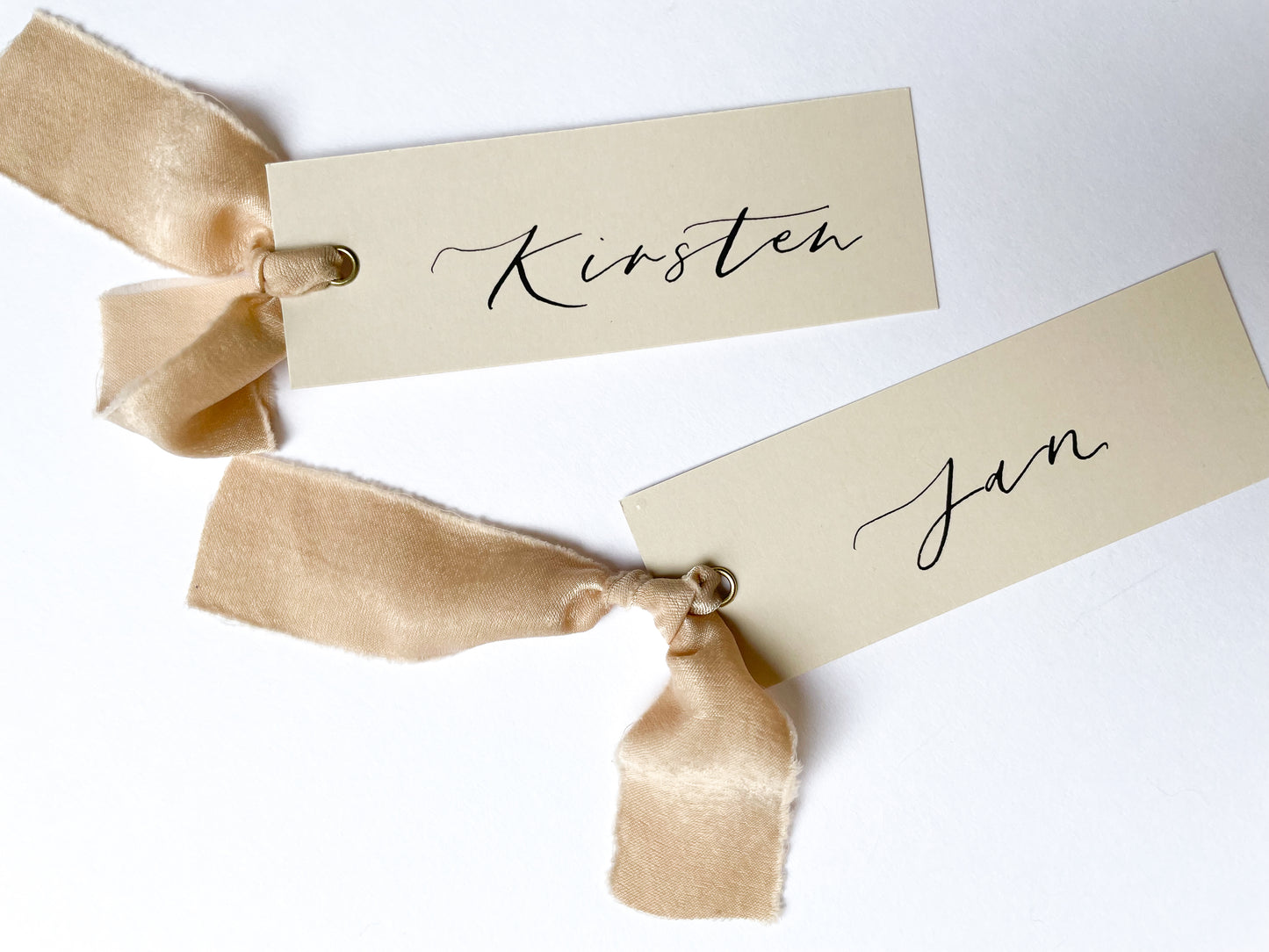 Nude Card with Nude Chiffon | Calligraphy Wedding Place Name Card | Gold or Silver Eyelet