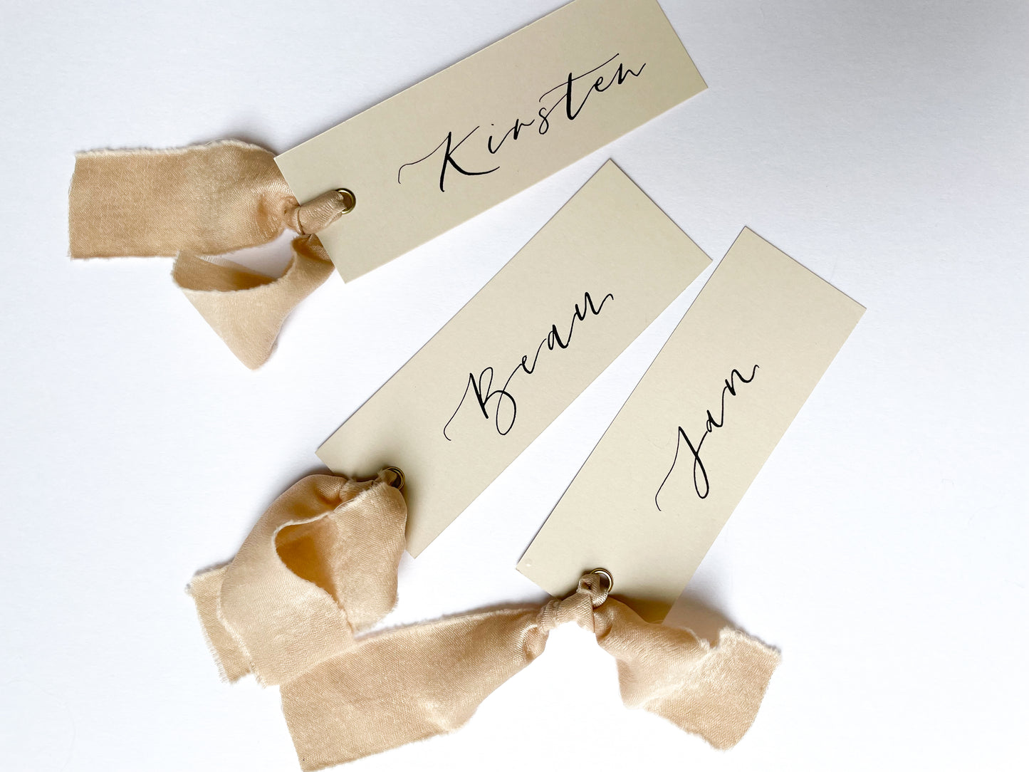 Nude Card with Nude Chiffon | Calligraphy Wedding Place Name Card | Gold or Silver Eyelet