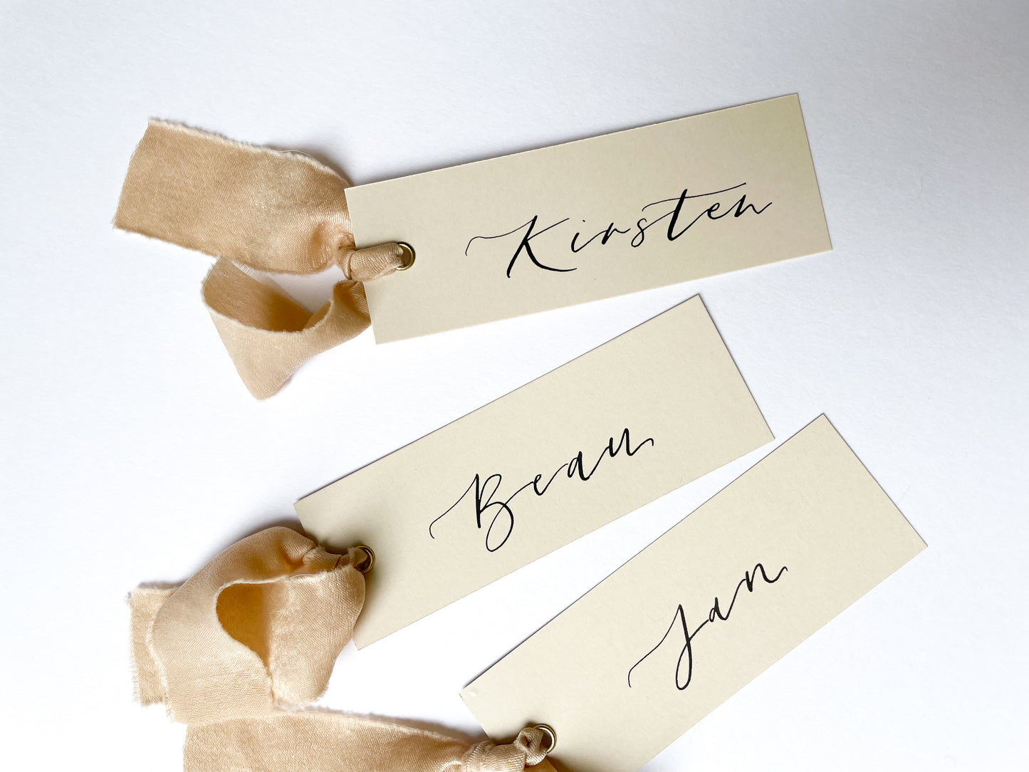 Nude Card with Nude Chiffon | Calligraphy Wedding Place Name Card | Gold or Silver Eyelet