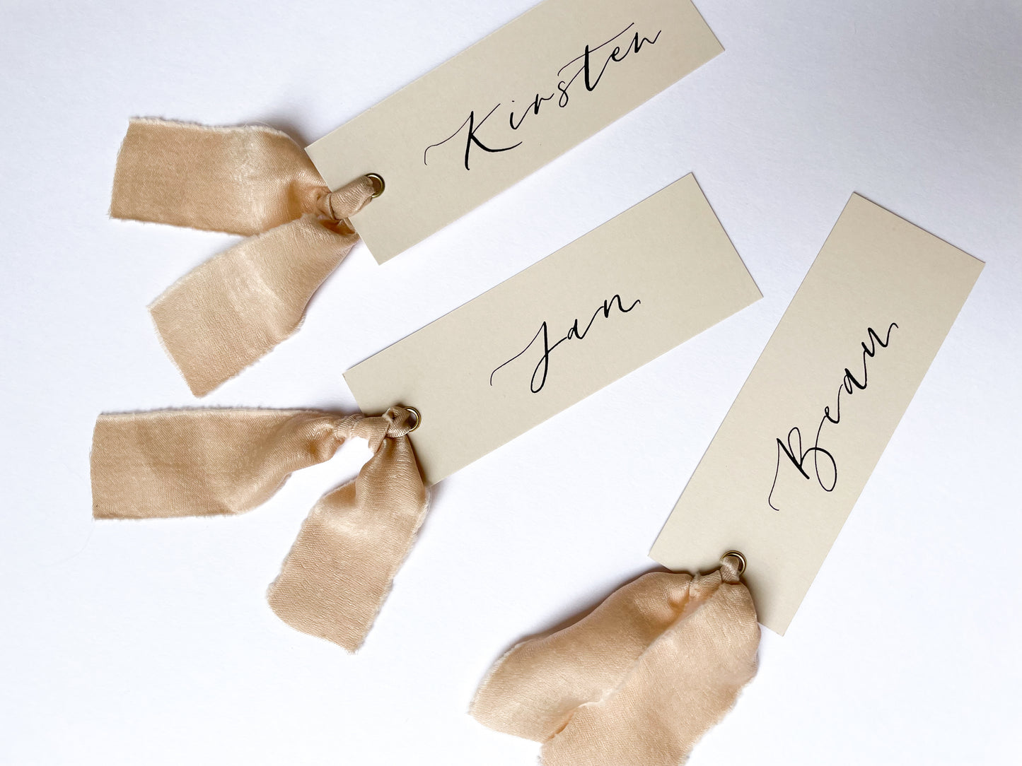 Nude Card with Nude Chiffon | Calligraphy Wedding Place Name Card | Gold or Silver Eyelet