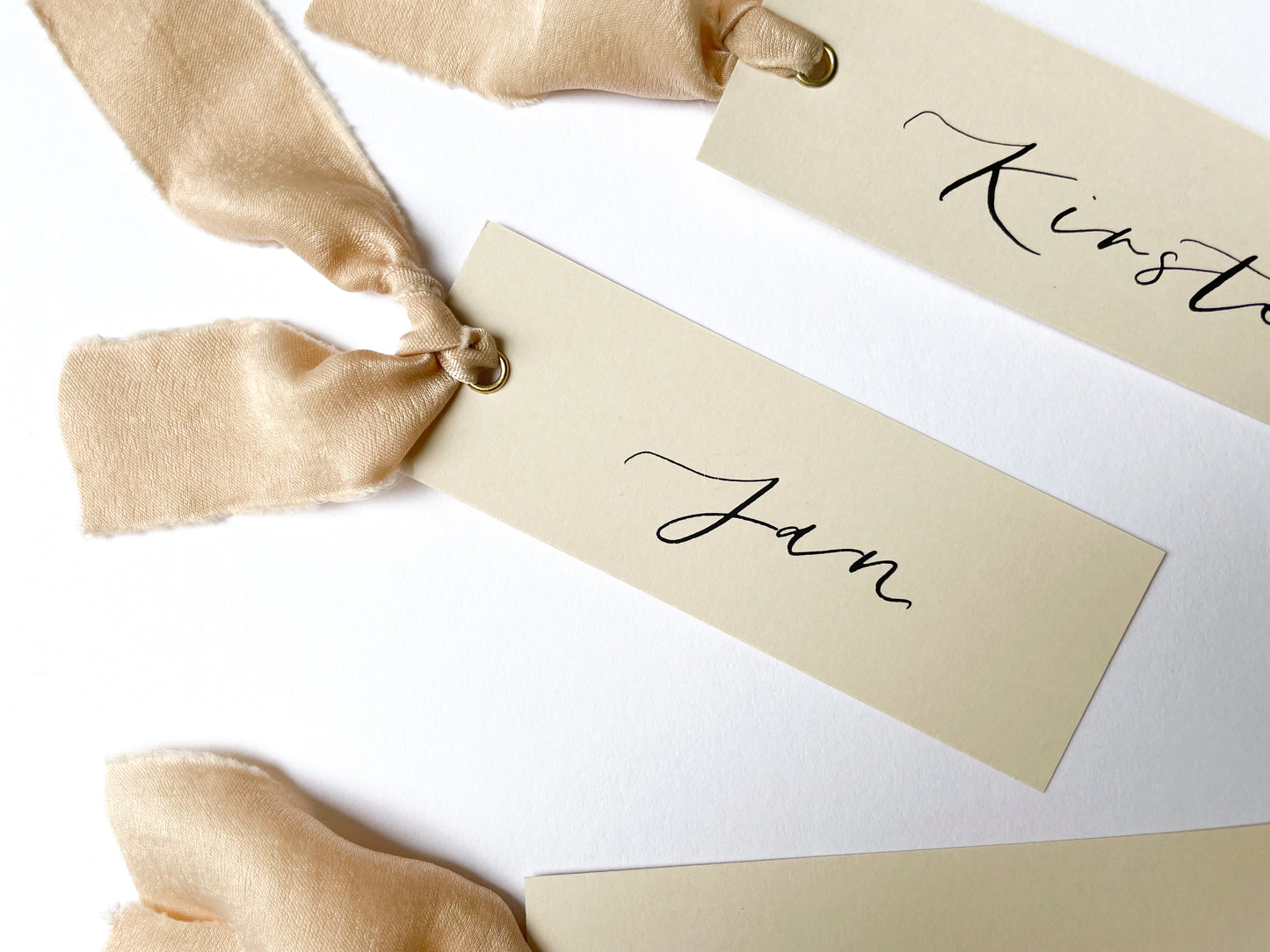 Nude Card with Nude Chiffon | Calligraphy Wedding Place Name Card | Gold or Silver Eyelet