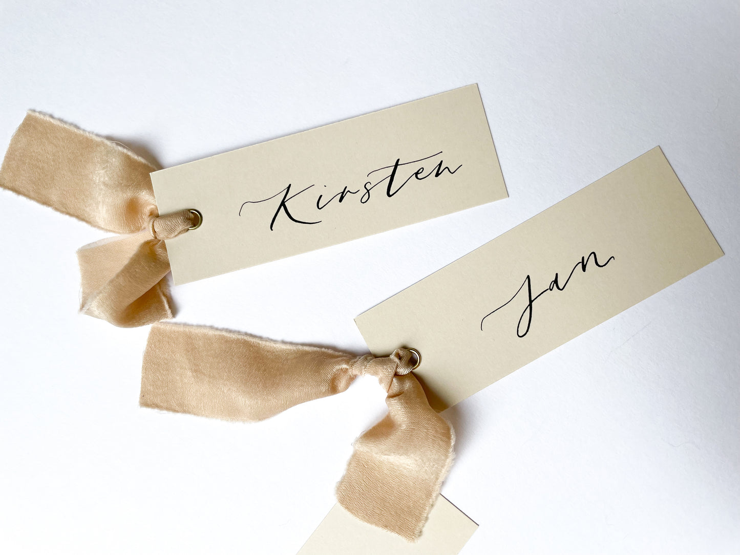 Nude Card with Nude Chiffon | Calligraphy Wedding Place Name Card | Gold or Silver Eyelet