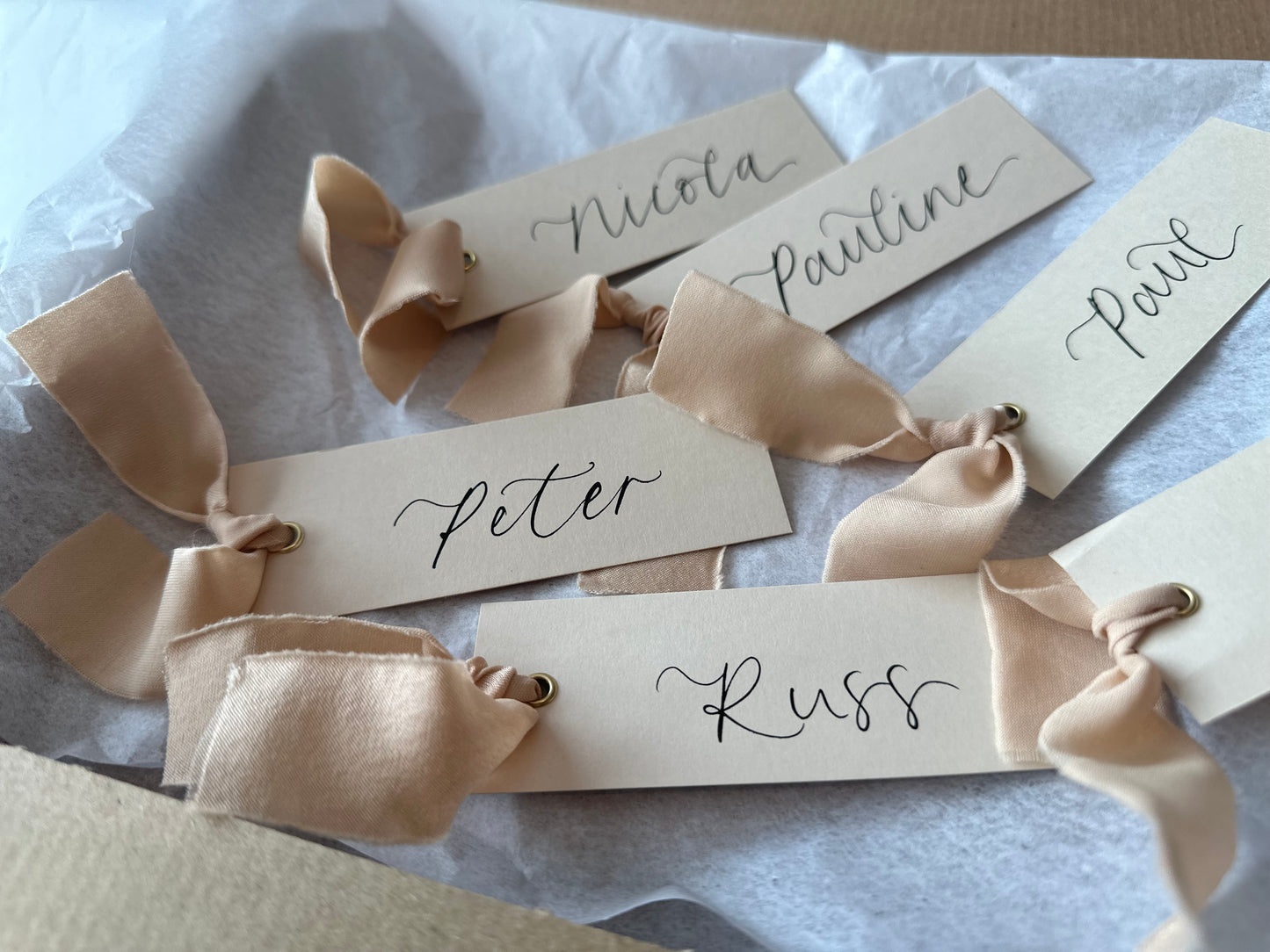 Nude Card with Nude Chiffon | Calligraphy Wedding Place Name Card | Gold or Silver Eyelet