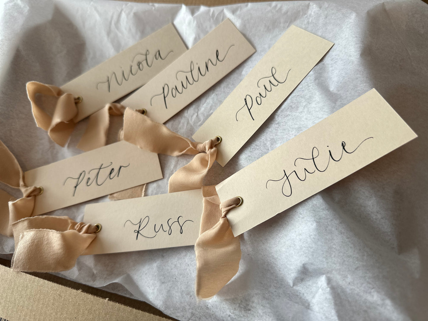 Nude Card with Nude Chiffon | Calligraphy Wedding Place Name Card | Gold or Silver Eyelet