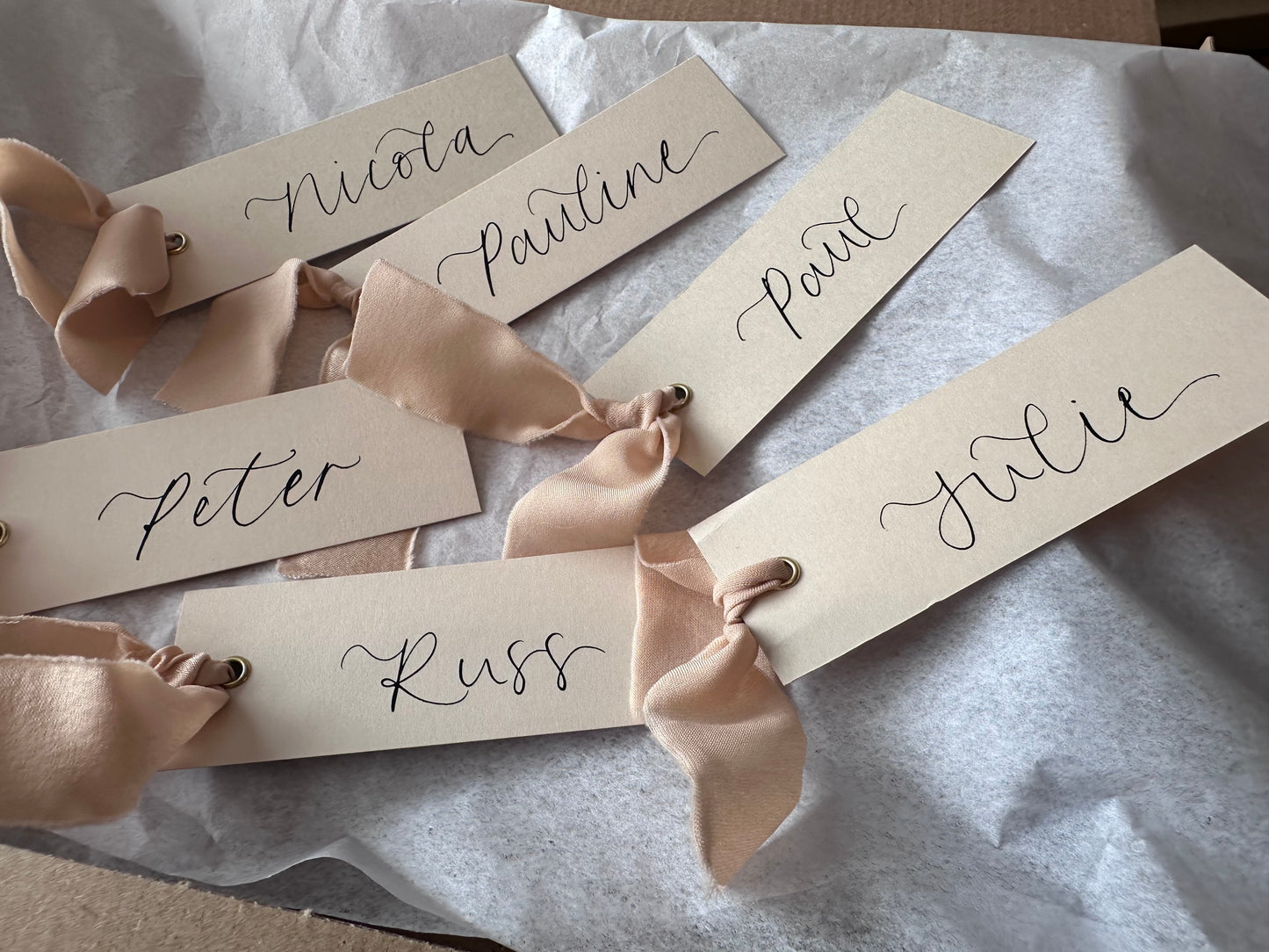 Nude Card with Nude Chiffon | Calligraphy Wedding Place Name Card | Gold or Silver Eyelet