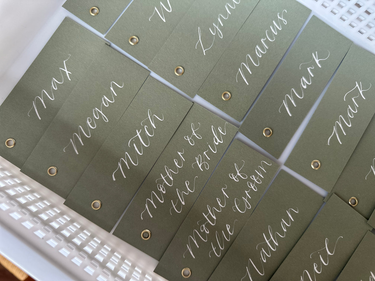 EUCALYPTUS Calligraphy Place Name Card | Matte Coloured Card with Hand Written Calligraphy optional gold or silver eyelet