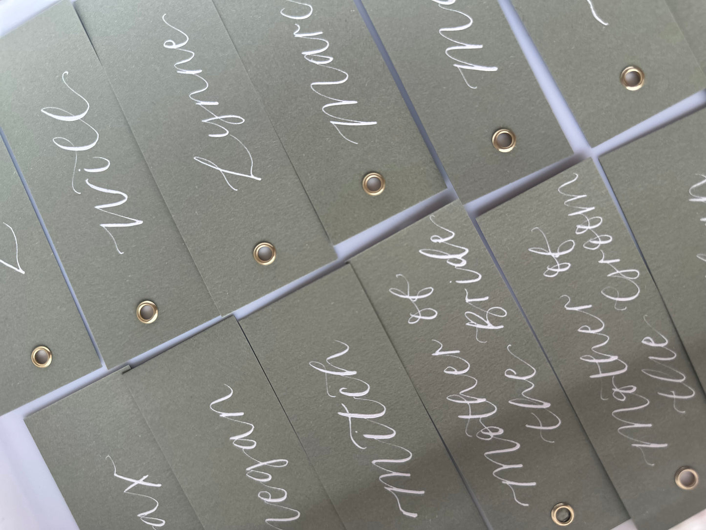 EUCALYPTUS Calligraphy Place Name Card | Matte Coloured Card with Hand Written Calligraphy optional gold or silver eyelet