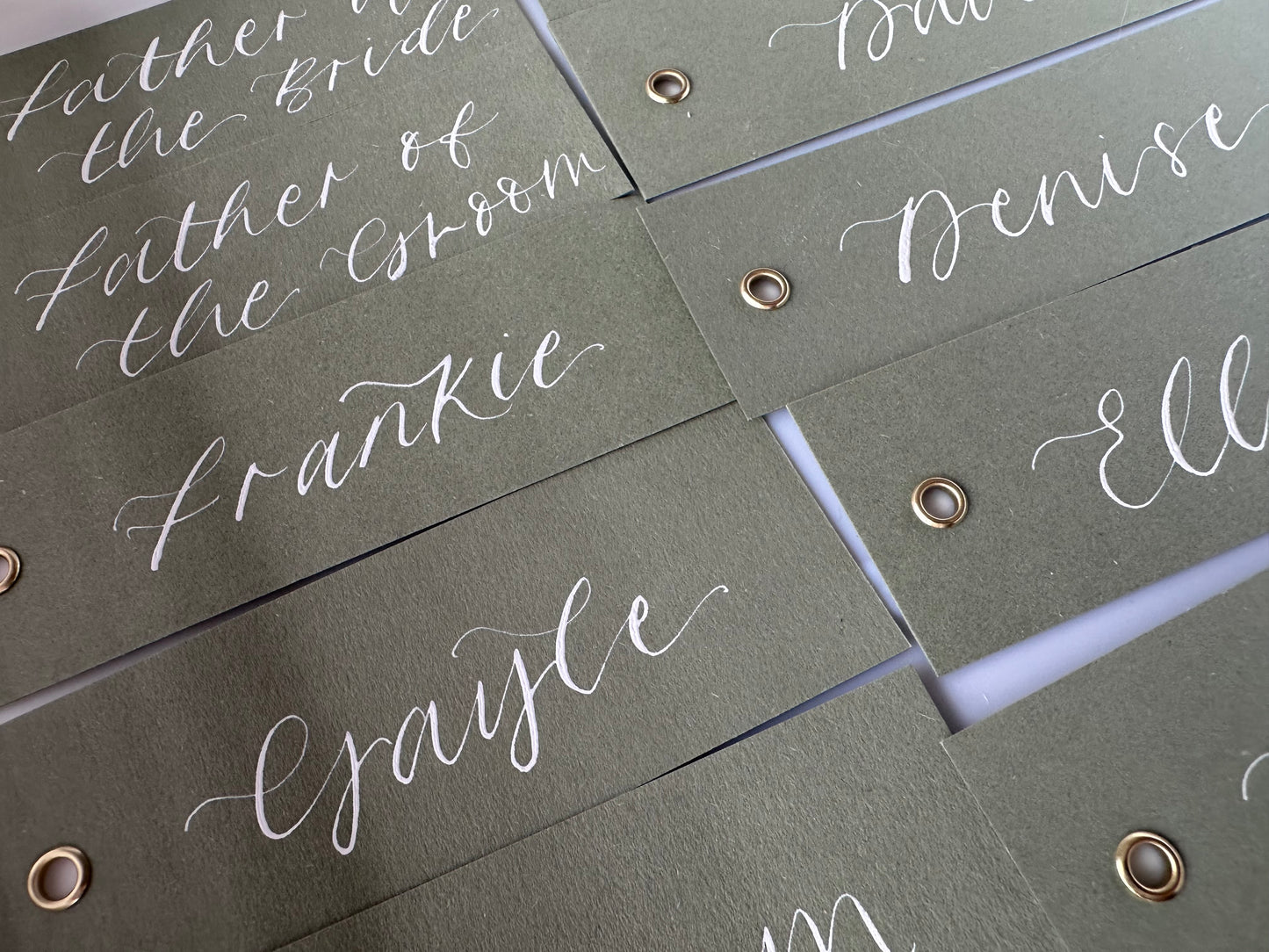 EUCALYPTUS Calligraphy Place Name Card | Matte Coloured Card with Hand Written Calligraphy optional gold or silver eyelet