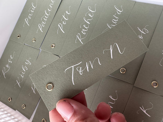 EUCALYPTUS Calligraphy Place Name Card | Matte Coloured Card with Hand Written Calligraphy optional gold or silver eyelet