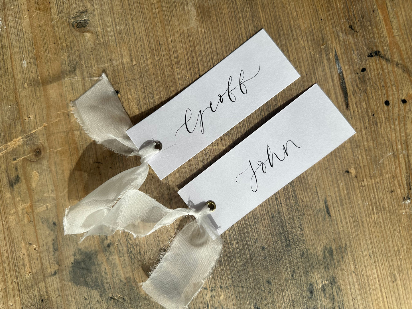WHITE Organza Calligraphy Place Name Card | White Calligraphy Wedding Place Name Card | Gold or Silver Eyelet