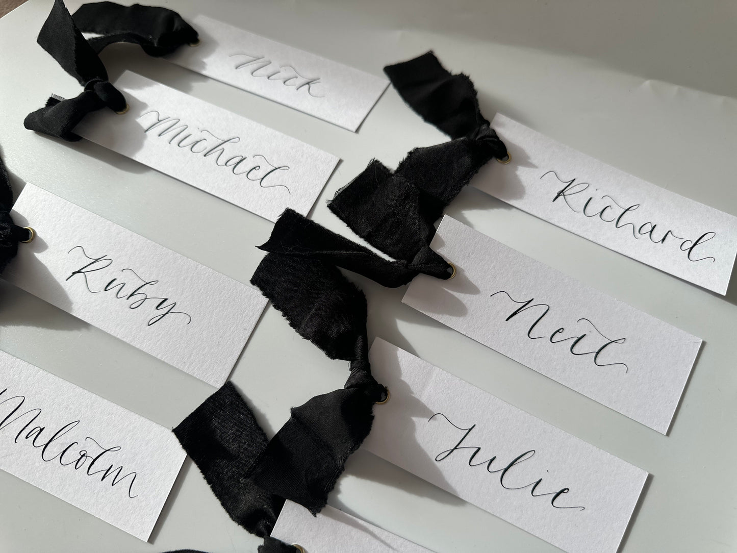 Black Wedding place cards, Table name cards, Wedding name cards, calligraphy place cards, ribbon place cards
