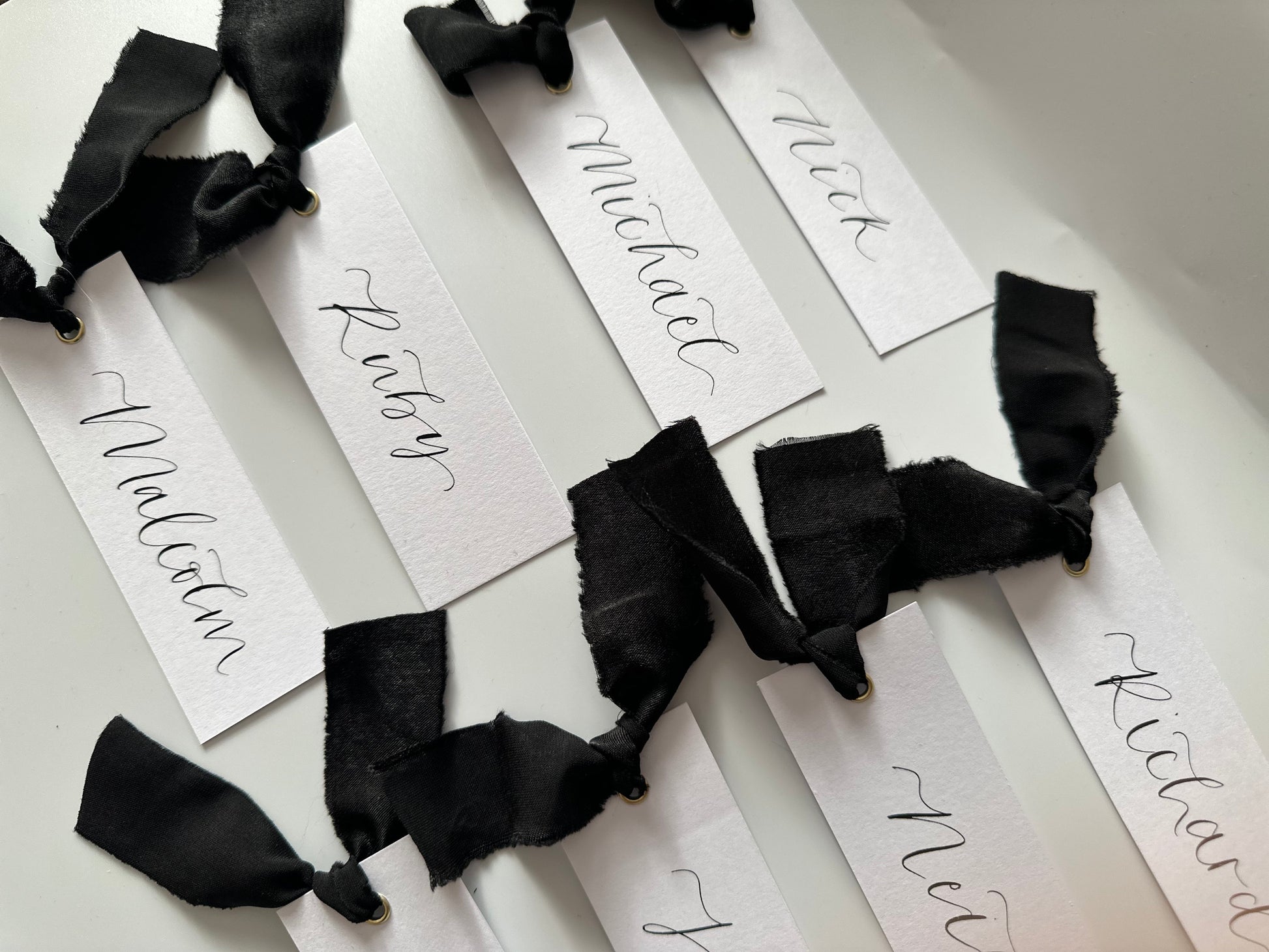Black Wedding place cards, Table name cards, Wedding name cards, calligraphy place cards, ribbon place cards