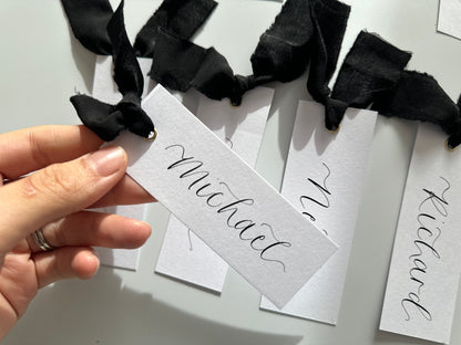 Black Wedding place cards, Table name cards, Wedding name cards, calligraphy place cards, ribbon place cards