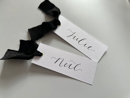 Black Wedding place cards, Table name cards, Wedding name cards, calligraphy place cards, ribbon place cards