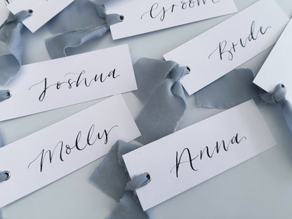Powder Blue Wedding place cards, Table name cards, Wedding name cards, calligraphy place cards, ribbon place cards