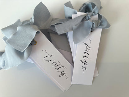 Powder Blue Wedding place cards, Table name cards, Wedding name cards, calligraphy place cards, ribbon place cards