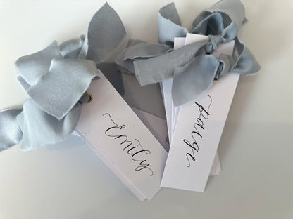 Powder Blue Wedding place cards, Table name cards, Wedding name cards, calligraphy place cards, ribbon place cards