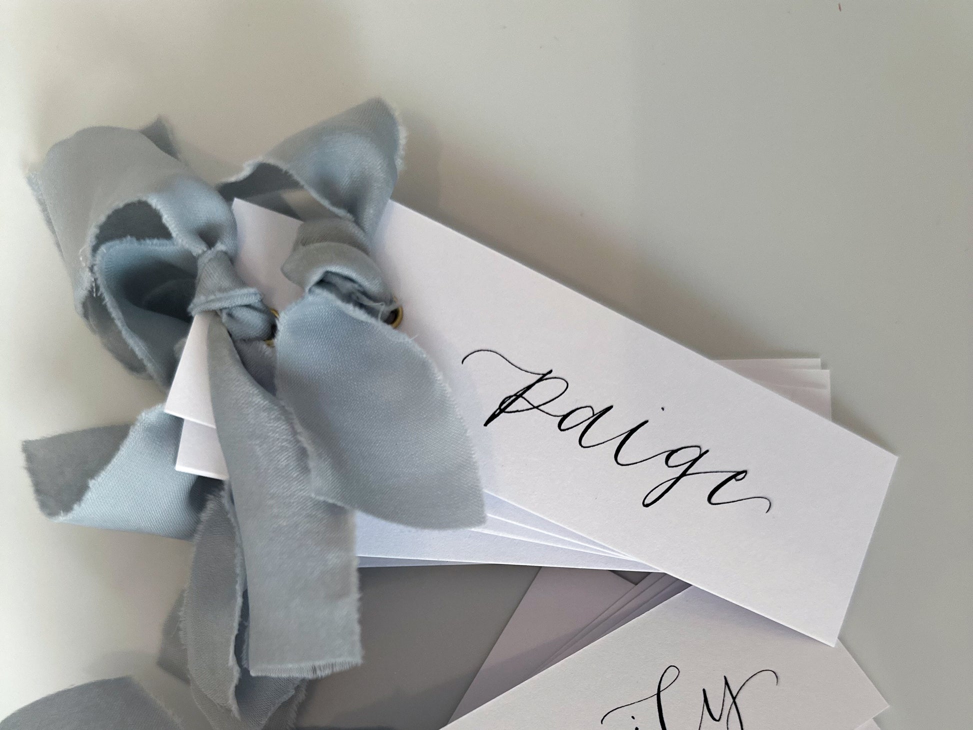 Powder Blue Wedding place cards, Table name cards, Wedding name cards, calligraphy place cards, ribbon place cards