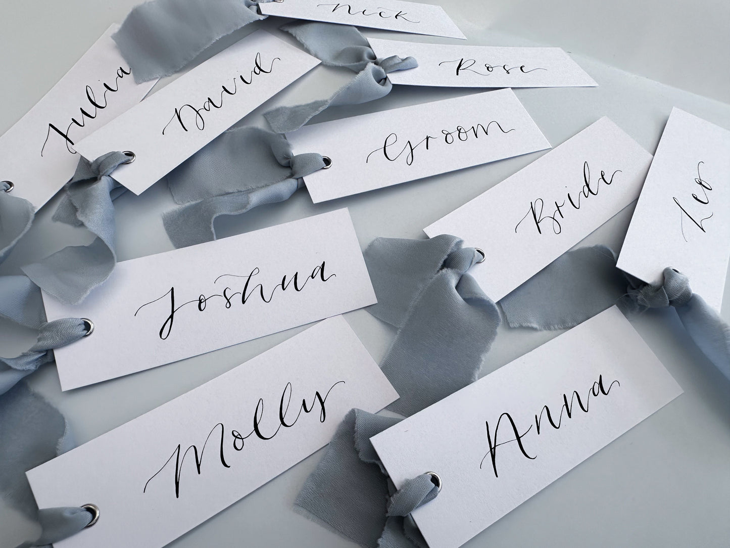 Powder Blue Wedding place cards, Table name cards, Wedding name cards, calligraphy place cards, ribbon place cards