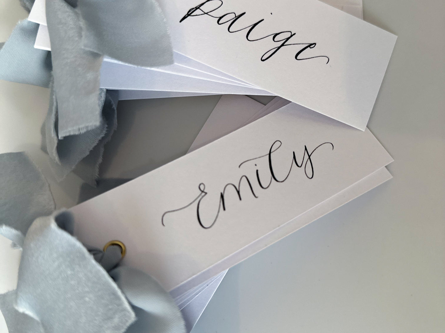 White Card with Dusky Blue Chiffon | Calligraphy Wedding Place Name Card | Gold or Silver Eyelet