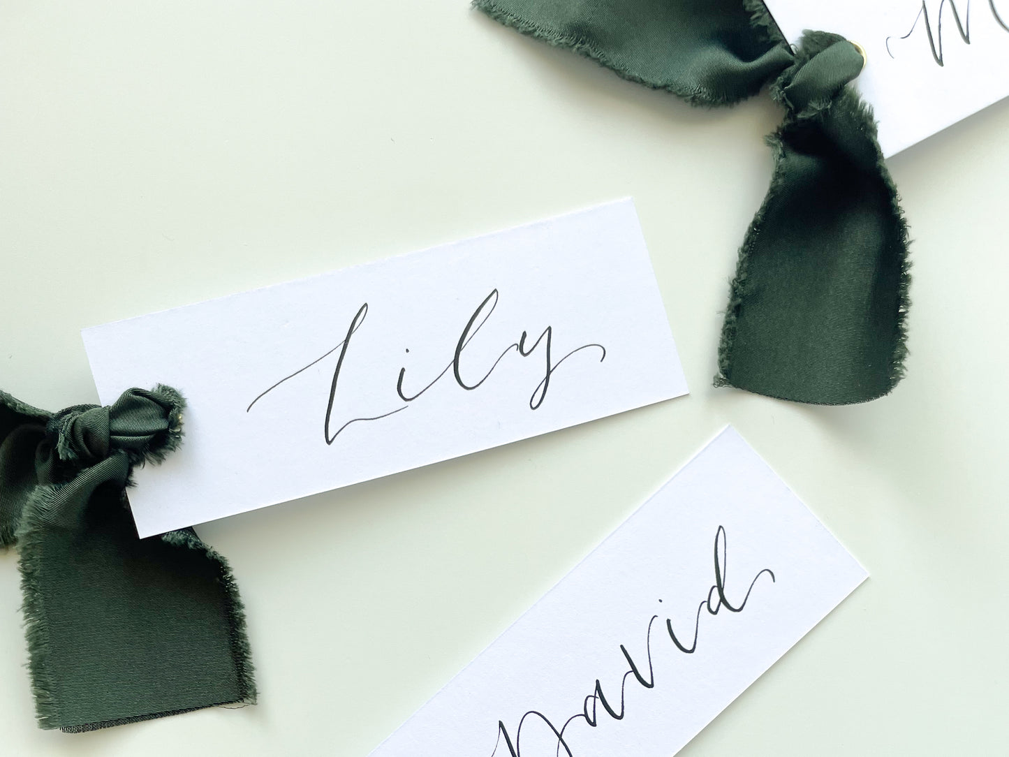 White Card with Forest Satin | Calligraphy Wedding Place Name Card | Gold or Silver Eyelet