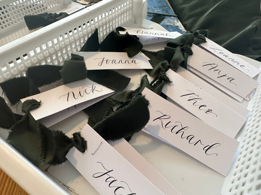 FOREST GREEN Satin Ribbon Place Name Card | White Calligraphy Wedding Place Name Card | Gold or Silver Eyelet