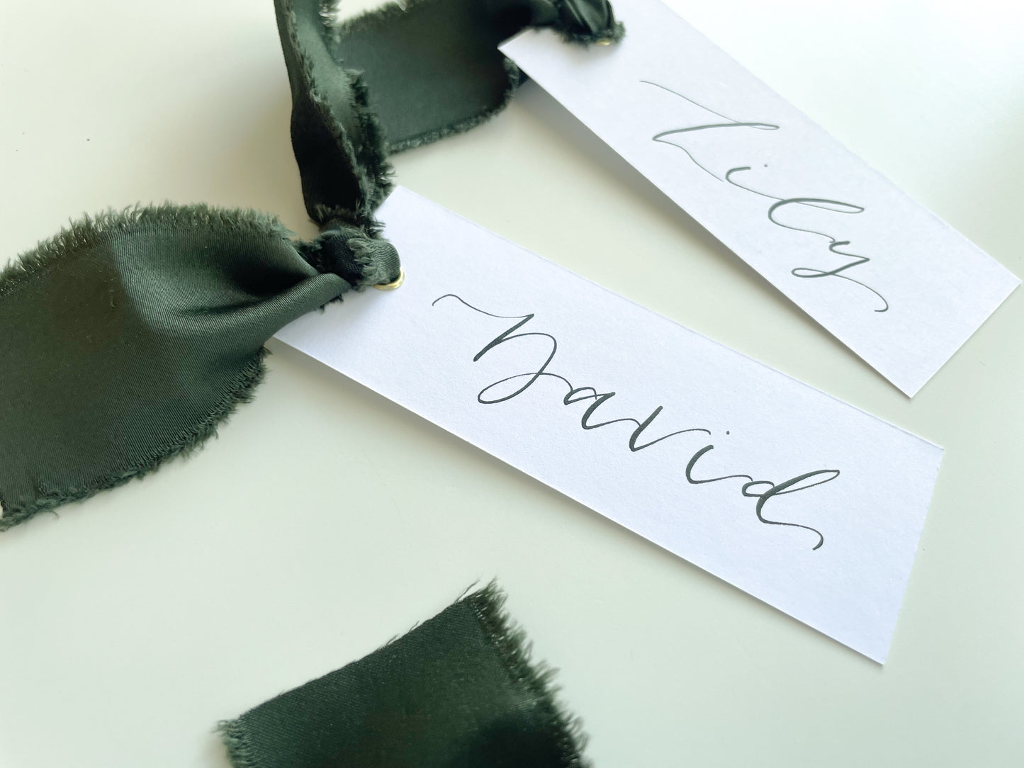 White Card with Forest Satin | Calligraphy Wedding Place Name Card | Gold or Silver Eyelet