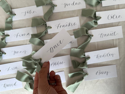 SAGE Green White Place Card with Satin Ribbon | Calligraphy Wedding Place Name Card | Gold or Silver Eyelet