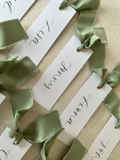 SAGE Green White Place Card with Satin Ribbon | Calligraphy Wedding Place Name Card | Gold or Silver Eyelet