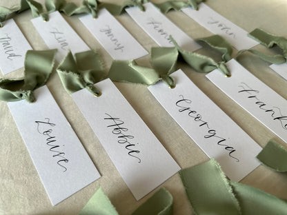 SAGE Green White Place Card with Satin Ribbon | Calligraphy Wedding Place Name Card | Gold or Silver Eyelet