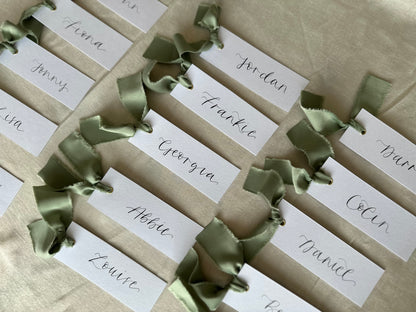SAGE Green White Place Card with Satin Ribbon | Calligraphy Wedding Place Name Card | Gold or Silver Eyelet