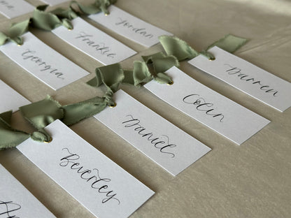 SAGE Green White Place Card with Satin Ribbon | Calligraphy Wedding Place Name Card | Gold or Silver Eyelet