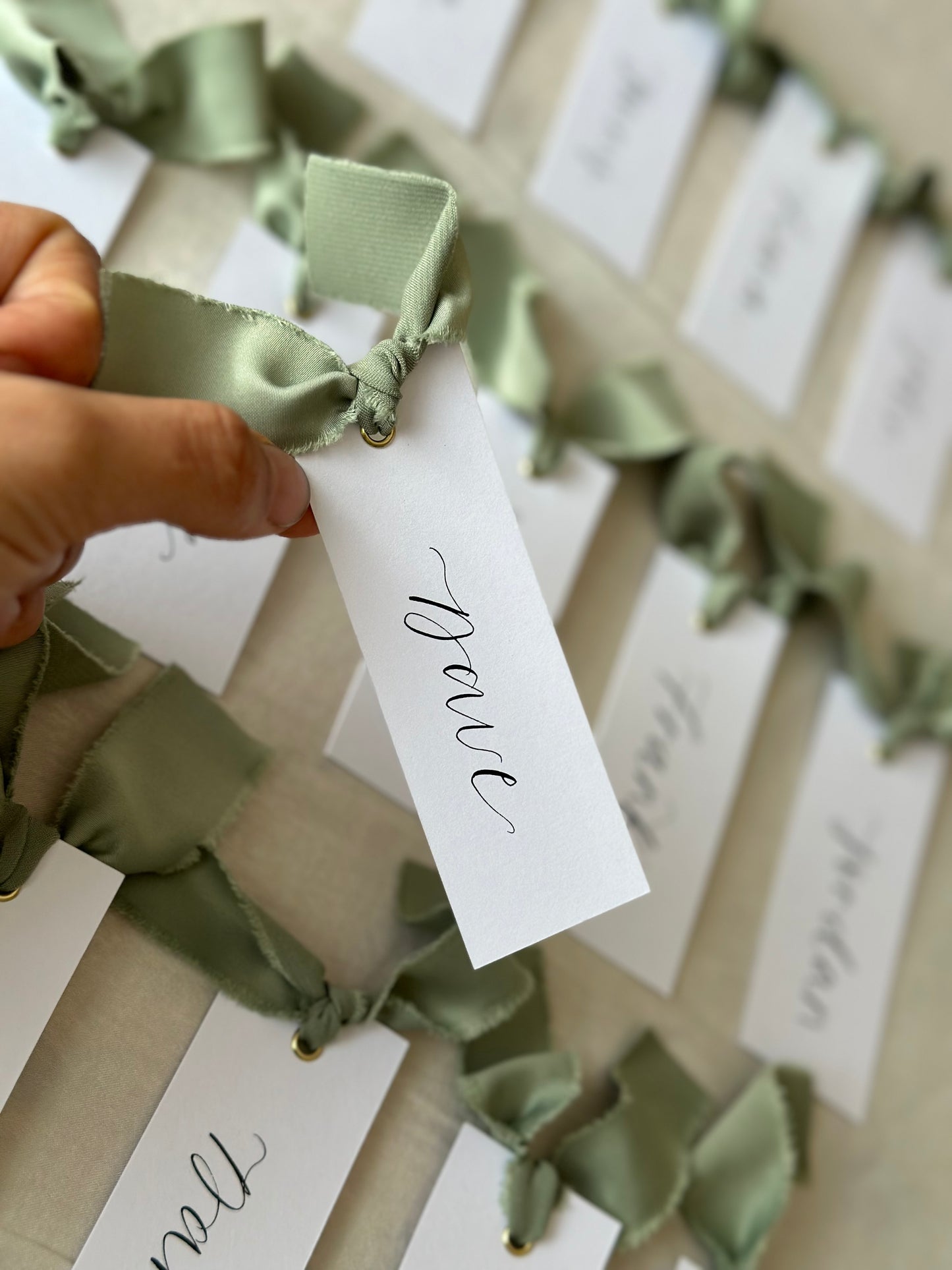 White Place Card Sage Green Satin | Calligraphy Wedding Place Name Card | Gold or Silver Eyelet