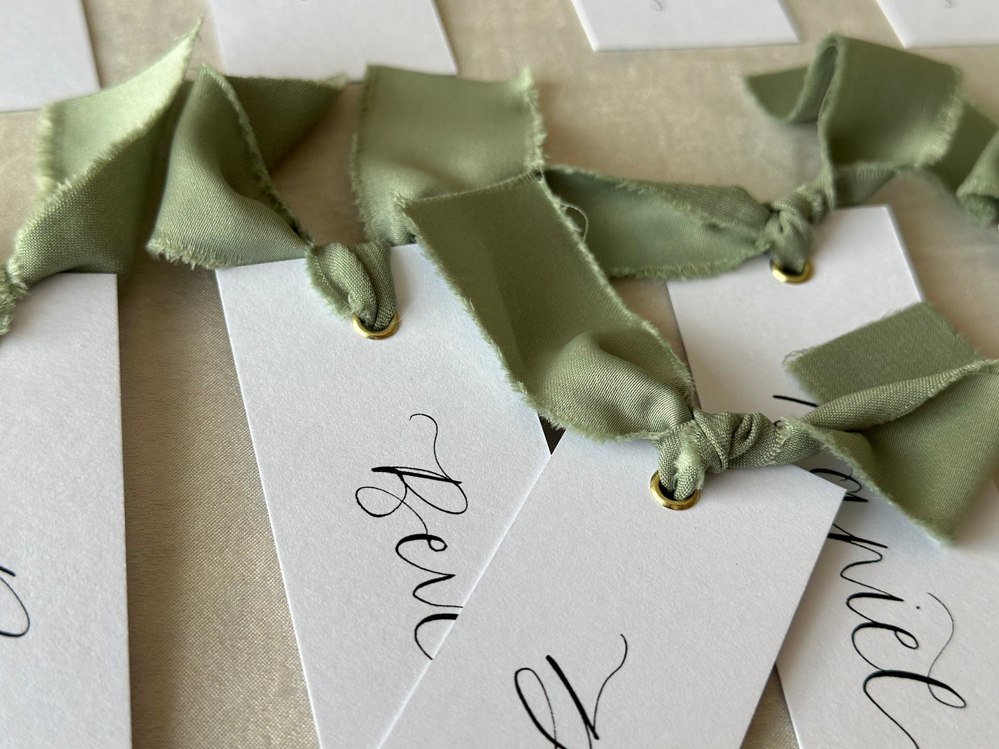 White Place Card Sage Green Satin | Calligraphy Wedding Place Name Card | Gold or Silver Eyelet