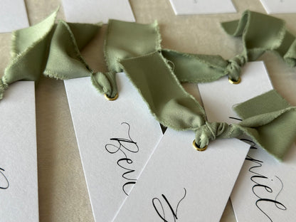 SAGE Green White Place Card with Satin Ribbon | Calligraphy Wedding Place Name Card | Gold or Silver Eyelet
