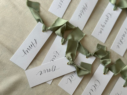 SAGE Green White Place Card with Satin Ribbon | Calligraphy Wedding Place Name Card | Gold or Silver Eyelet