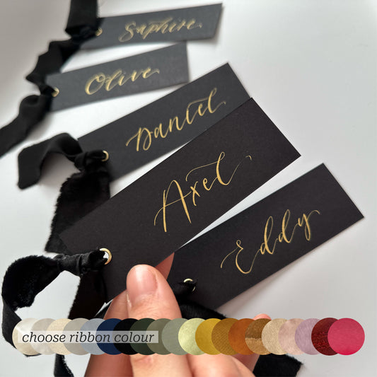 Custom Ribbon Wedding Place Cards | Black Card with Your Choice of Ribbon
