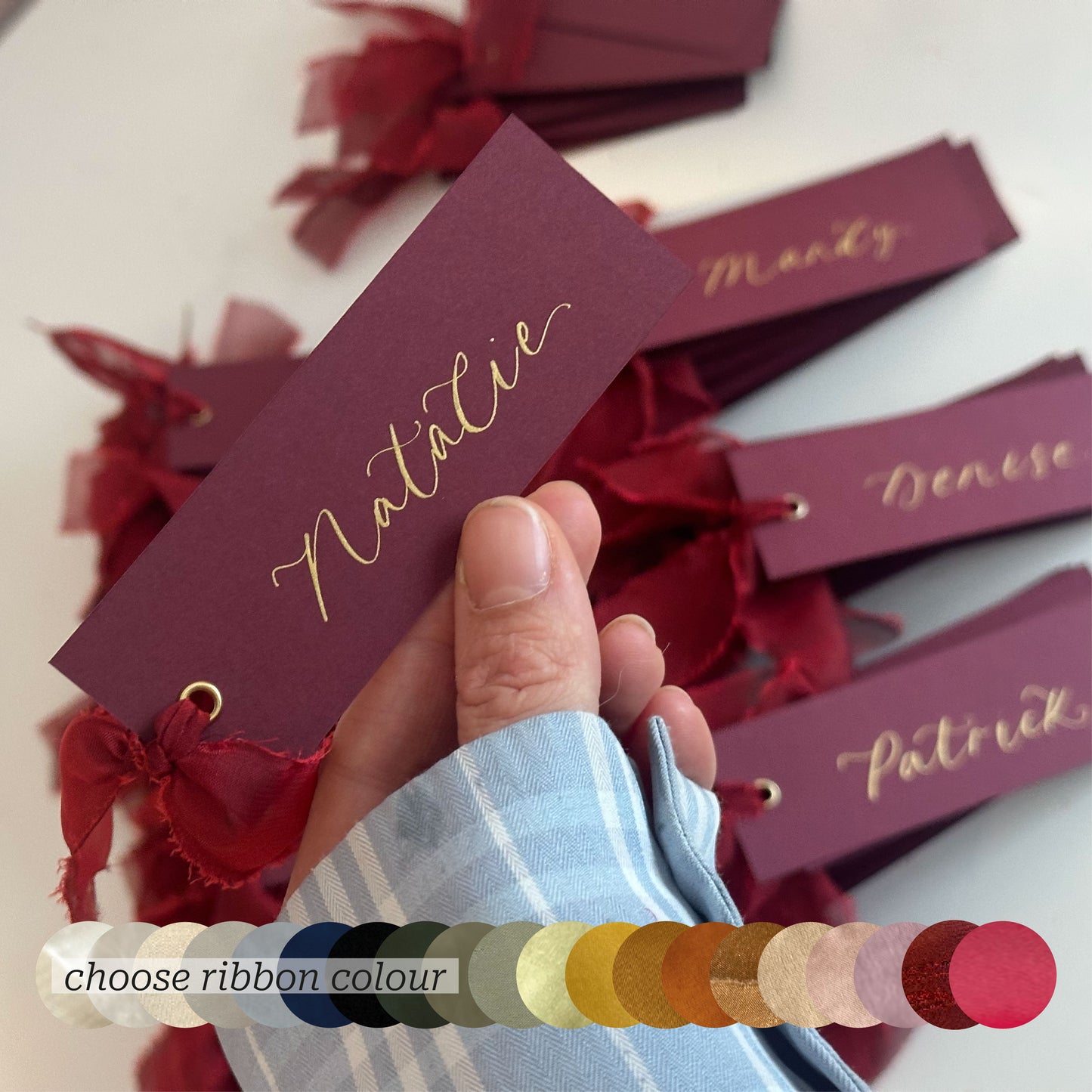 Custom Ribbon Wedding Place Cards | Burgundy Card with Your Choice of Ribbon