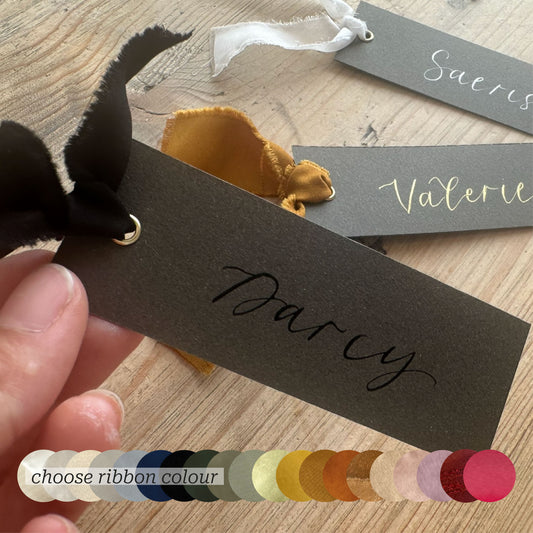 Custom Ribbon Wedding Place Cards | Chocolate Card with Your Choice of Ribbon