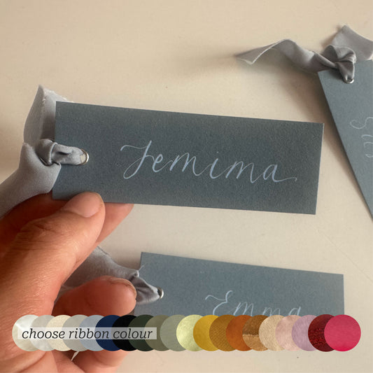 Custom Ribbon Wedding Place Cards | Dusky Blue Card with Your Choice of Ribbon